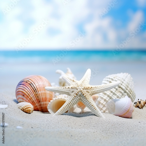 Shells and starfish on the beauty beach background