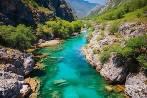 River moraca, canyon platije. montenegro, canyon, mountain road. picturesque journey, beautiful mountain turquoise river photography © yuniazizah
