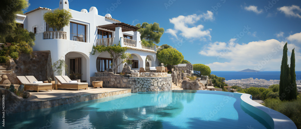 Traditional Mediterranean Retreat with Pool, Hilltop Perch, and Breathtaking Sea Views. Generative Ai.