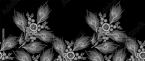 Seamless peacock feather with flowers border design