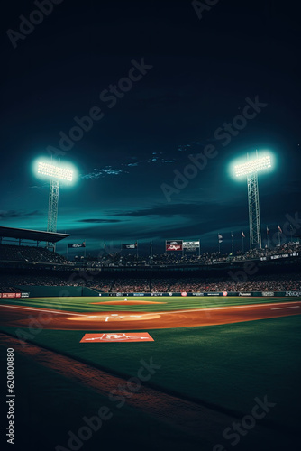 Stadium in the city at night. Inspired by Boston, Massachusetts, USA. Travel, Poster.