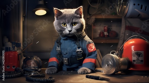 Russian Blue Cat Firefighter: Brave Feline Rescuer