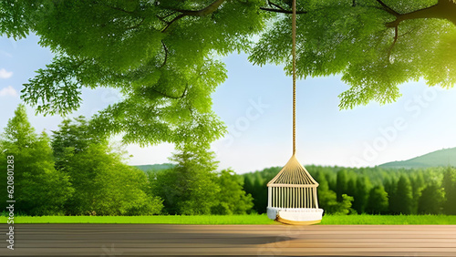 An old wooden terrace with a wicker swing hangs on the tree with blurry nature background ai generative.