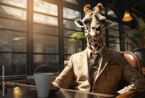 Giraffe human wearing business suits sitting on chair, realistic, cinematic sun light scene , Generative Ai