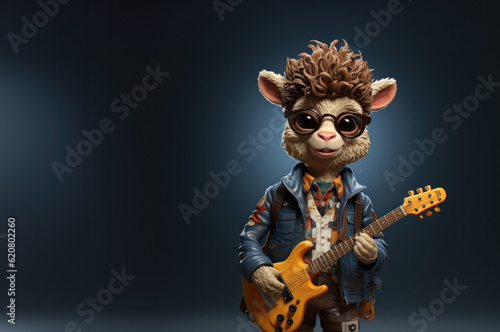 Tiny cute little rabbit wear glasses rock band character playing guitar isolated on white studio background , Generative Ai