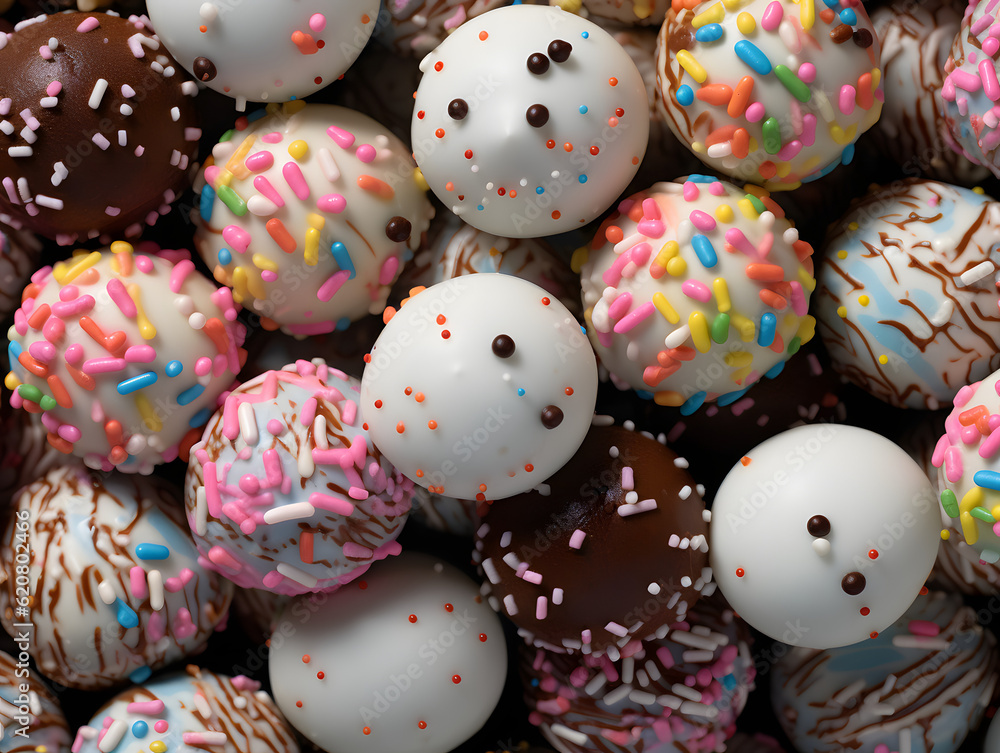 Obraz premium Beautiful Cake Pops decorated with Sugar Strand Sprinklers in a tray, AI GENERATIVE