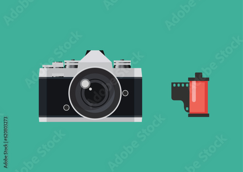 Retro camera with film roll in a flat style