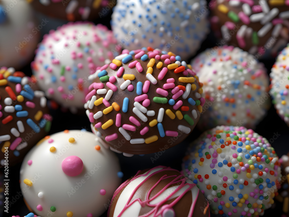 Beautiful Cake Pops decorated with Sugar Strand Sprinklers in a tray, AI GENERATIVE Beautiful Cake Pops decorated with Sugar Strand Sprinklers in a tray, AI GENERATIVE