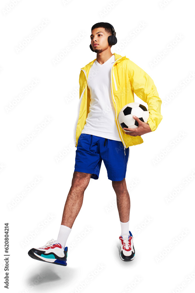 Isolated young man, soccer ball and headphones with thinking, sports and music by transparent png background. Football player, focus and listening with audio streaming service, mindset and walking