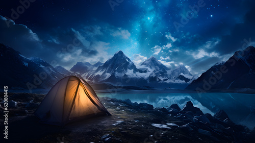 Light glowing in tent in the middle of a mountain range at night and the mountains in the background. generative AI...