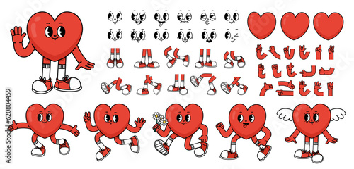 Cartoon heart characters. Mascot hearts constructor, sticker with hand and leg, organ with emotion face, valentine love emotions. Poses and expressions character. Vector set