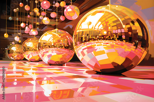 Golden Disco balls with the pink floor, AI GENERATIVE