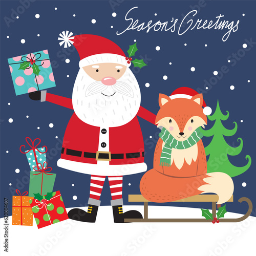 christmas card with santa and fox on the sleigh