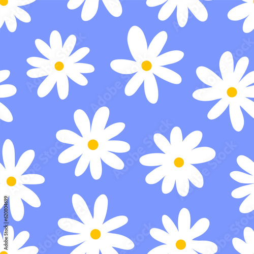 Pattern daisy. Simple flower print. White chamomile on blue seamless background  spring flowers repeat fabric texture  doodle bloom flat wallpaper. Vector illustration