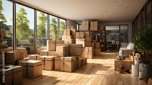 Organizing Room of Boxes, a Room in the Midst of Packing and Relocation. packing boxes to move house. Generative Ai. © Vecils