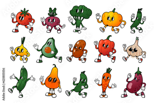 Vegetable character. Cartoon retro mascot vegetables. Funny green vitamin plant food, cute tomato, running pumpkin, healthy eggplant, nature avocado. Vector set
