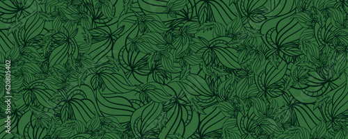 dark green pattern with hand drawn tropical flowers. Vector illustration.