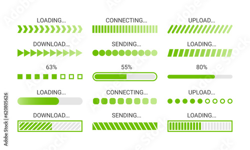 Loading bar. Green download progress loader, buffer status UI elements. Upload, download and sending speed indicators, time loading screen vector icons