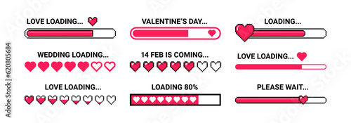 Love loading. Romantic loader with heart icons, happy wedding, valentines day and love concept stickers. Retro 8, 16-bit game pixel art vector set