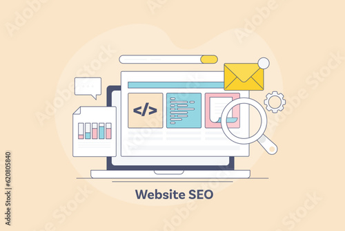Web development onsite coding programming for search engine optimization, Website seo, web page on laptop screen, analytics and email concept, filled outline vector banner illustration.
