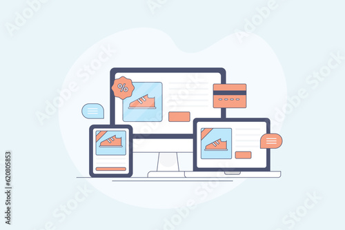 Cross device ecommerce application, online shopping website of multiple digital screens. Internet banking payment with credit card and shopping discount offer concept, vector illustration.