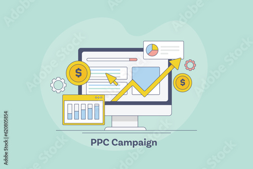 Business search ads, pay per click advertising analytics dashboard with arrow graph going upward, finance revenue concept. Vector illustration web banner.