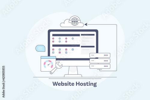 Cloud web hosting with admin panel access, server connection, high speed website loading optimization, data storage technology filled outline vector banner.