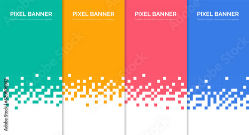 Abstract pixel banner. Pixelated background for vertical advertising banners, business price table. Color labels with mosaic texture edges. Vector template