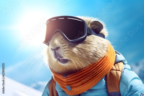 Capybara in snowglasses ski goggles on natural mauntains background