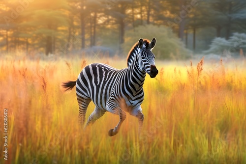a zebra running in the meadow