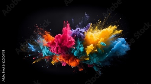 A bright and dynamic explosion of colored powder in the air. An explosion of color and energy. Generative AI