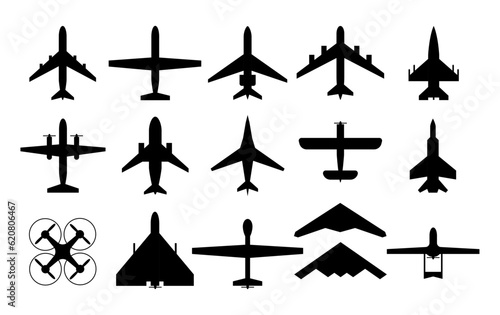 Airplane icons. Aircraft silhouettes flying jet, motor plane and drone military and commercial aviation pictogram. Aeroplane top view, air vehicles vector set