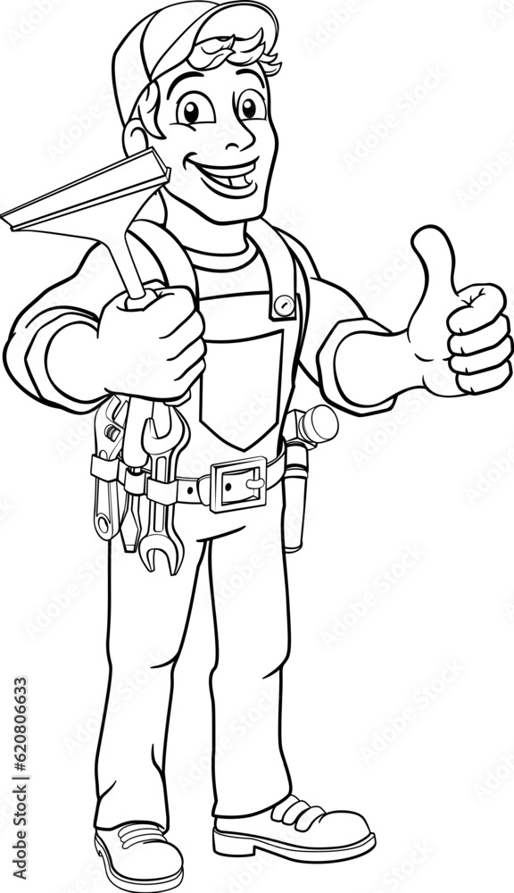 Window cleaning cartoon cleaner mascot man holding a carwash squeegee tool. Giving a thumbs up. Window cleaning cartoon cleaner mascot man holding a carwash squeegee tool. Giving a thumbs up.