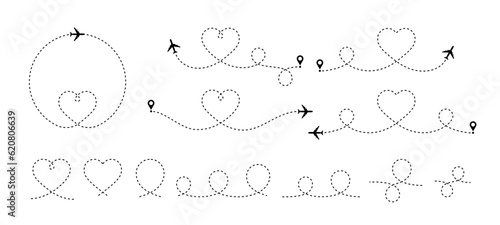 Heart airplane. Plane with dashed line in heart shape, travel love Valentine day romantic concept. Honeymoon journey, aircraft trip vector stroke editable set