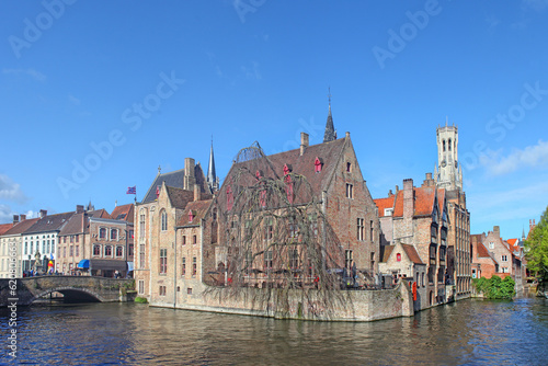 A cityscape of Bruges from a canal, Belgium