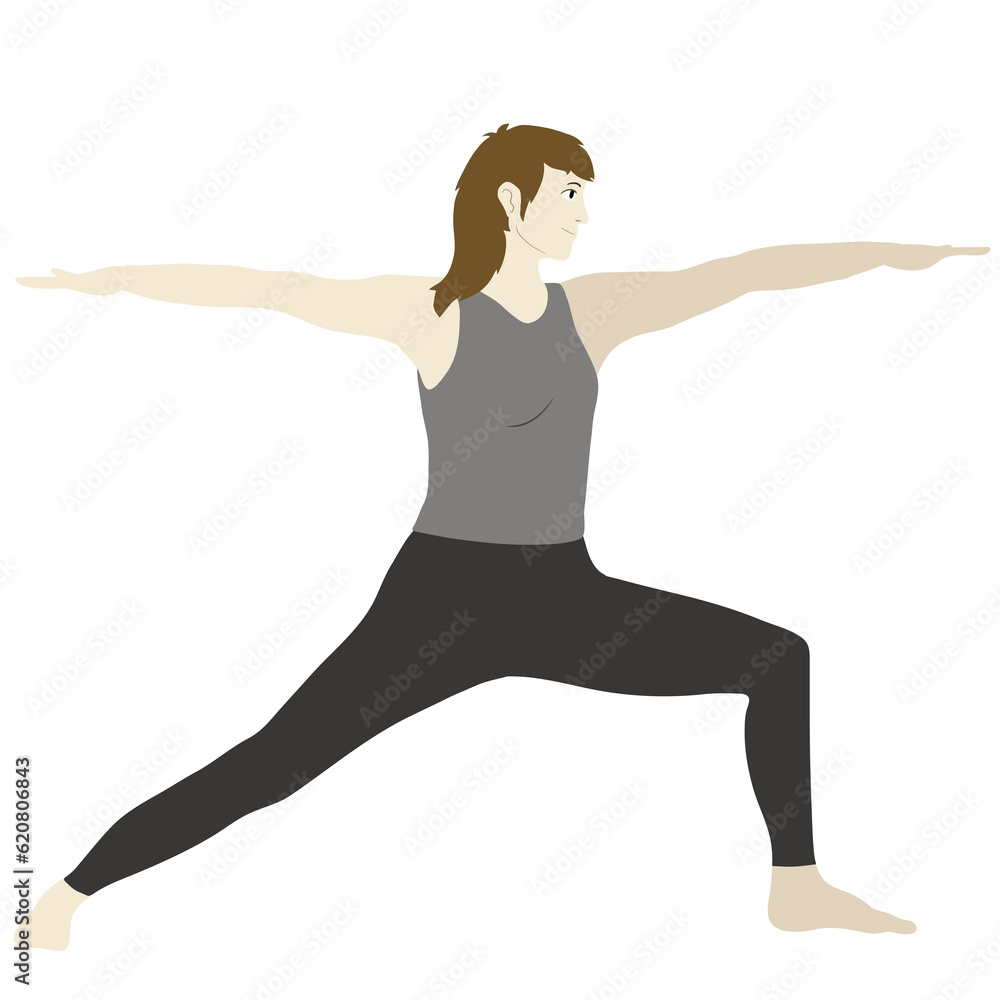 Young white causian woman doing a yoga pose in color. Smiling face. Dark clothes, brown hair. Person stretching in a Warrior B pose asanas style. Young white causian woman doing a yoga pose in color. Smiling face. Dark clothes, brown hair. Person stretching in a Warrior B pose asanas style.