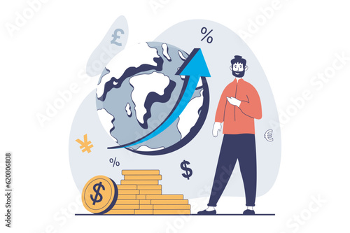 Global economic concept with people scene in flat design for web. Men analyzing worldwide market trends, creating investment strategy. Vector illustration for social media banner, marketing material.