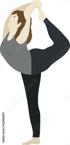 Young white causian woman doing a yoga pose in color. Smiling face. Dark clothes, brown hair. Person stretching in a natarajasana pose illustration style.