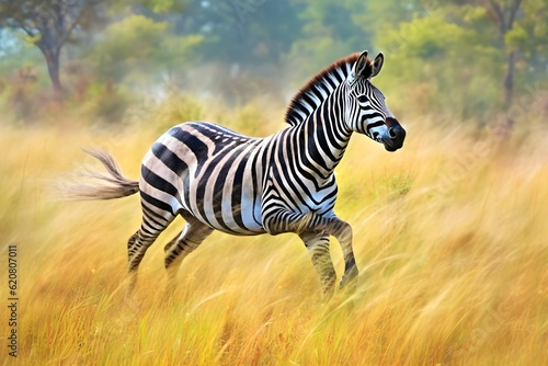 a zebra running in the meadow