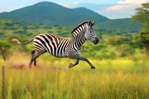 a zebra running in the meadow