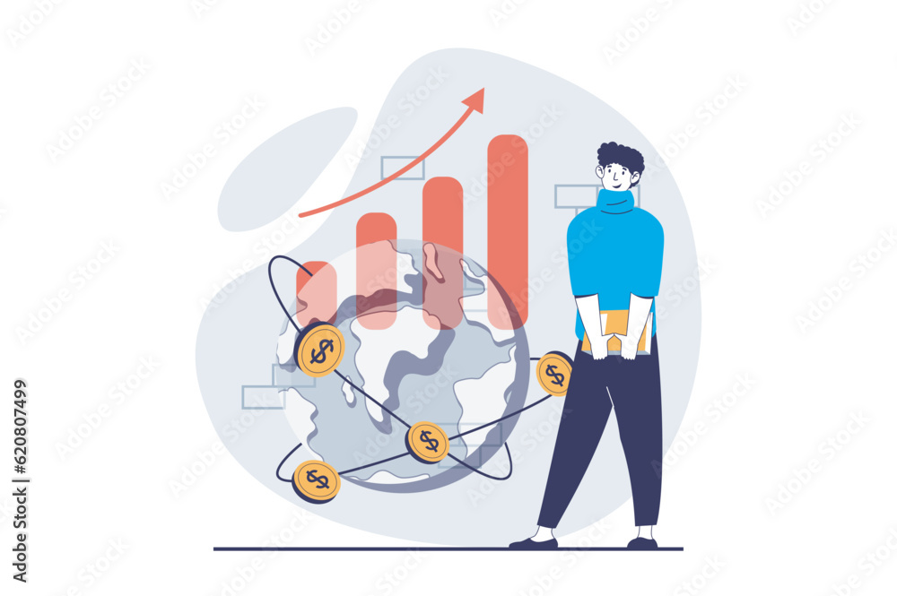 Global economic concept with people scene in flat design for web. Man analyzing data of worldwide market, creating success business. Vector illustration for social media banner, marketing material. Global economic concept with people scene in flat design for web. Man analyzing data of worldwide market, creating success business. Vector illustration for social media banner, marketing material.