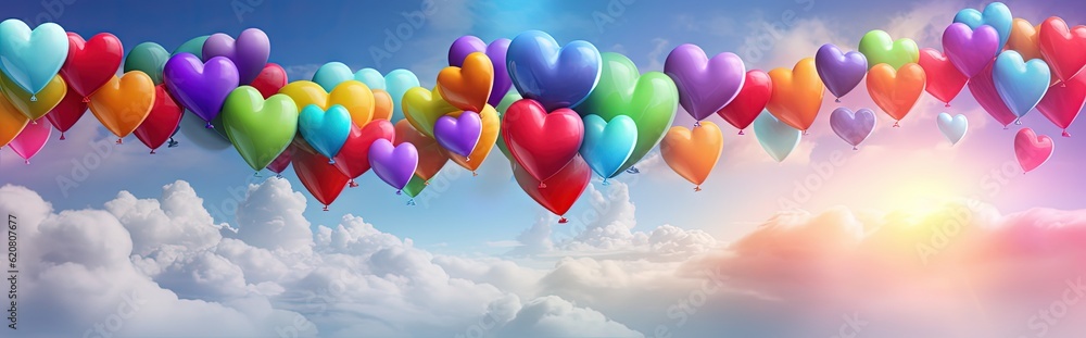 rainbow heart shaped balloon floating in the sky, lgbt concept