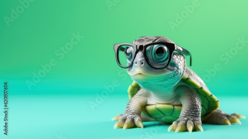 cute little turtle with glasses on green background - created using generative AI tools