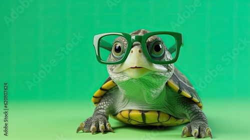 cute little turtle with glasses on green background - created using generative AI tools