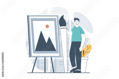 NFT token concept with people scene in flat design for web. Man creating of digital art picture for selling in virtual marketplace. Vector illustration for social media banner, marketing material.