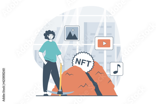 NFT token concept with people scene in flat design for web. Man with pickaxe creating digital content with non fungible token for sell. Vector illustration for social media banner, marketing material.
