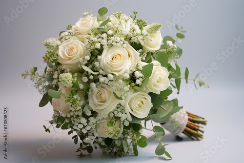 bridal bouquet composed of white roses, baby's breath, and luscious green leaves, symbolizing love and new beginnings