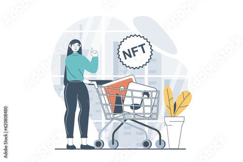 NFT token concept with people scene in flat design for web. Woman with cart buying collectible artwork paintings in virtual gallery. Vector illustration for social media banner, marketing material.