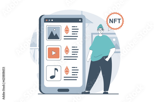 NFT token concept with people scene in flat design for web. Man choosing collectible artworks with unique tokens in virtual gallery. Vector illustration for social media banner, marketing material.