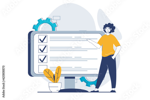 Online survey concept with people scene in flat design for web. Man choosing right answers for filling online quiz at computer screen. Vector illustration for social media banner, marketing material.